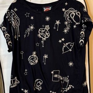 Black Embroidered Tee with White Zodiac Designs Johnny Was